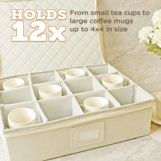 storageLAB Cup & Mug Storage Case | Hard Shell Felt Dividers | Cream | Hard shell case holds 12 cups or mugs in 4x4 felt compartments. Stackable, top-load, dual handles. Cream linen finish.