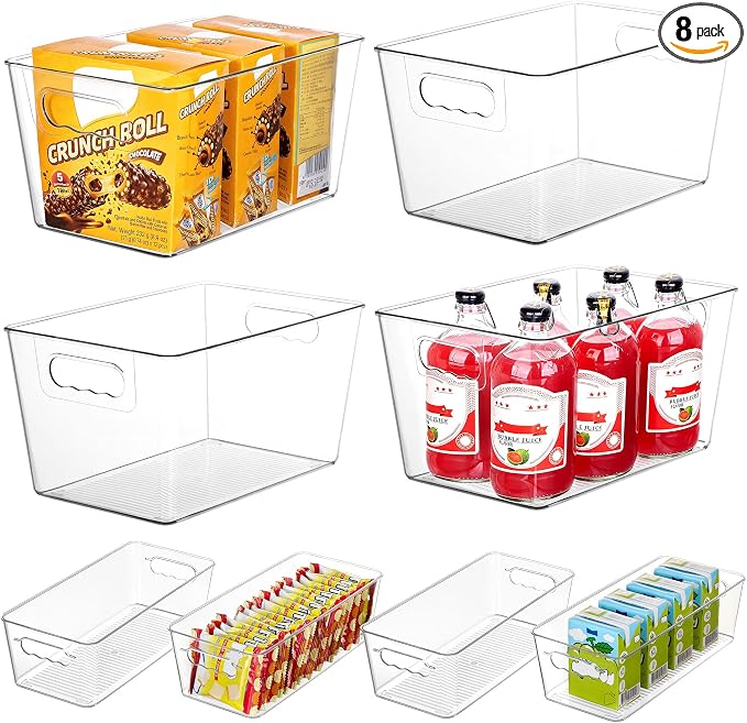 Vtopmart 8 Pack Clear Storage Bins Set for Pantry Organizer | 4 Large and 4 Small Plastic Pantry Storage Bins with Handle, Storage Containers for Pantry, Kitchen, Fridge, Cabinet