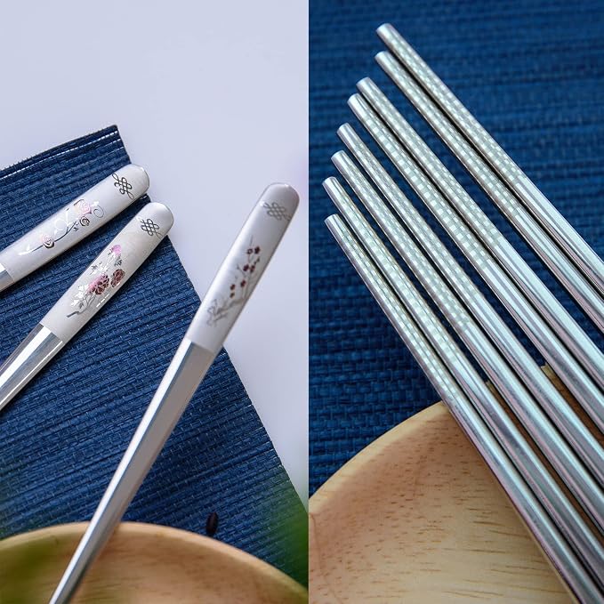 Reusable Chopstick and Spoon Set, Korean Long Handle Stainless Steel Spoon and Chopsticks Set, Dishwasher Safe Metal Chop sticks, Set of 3. (Multi-patterned)