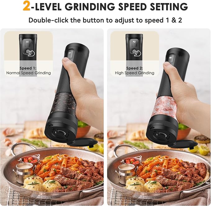 Electric Salt and Pepper Grinder Set, Upgrade 2-Speed Setting, External 5 Adjustable Coarseness, Rechargeable Automatic Salt & Pepper Shakers Mill with Battery Display, Storage Base & Led Light, Black