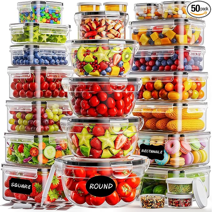 50 PCS Food Storage Containers with Lids (25 Containers & 25 Lids) - Reusable Plastic Food Containers for Kitchen Storage and Organization BPA-Free Leakproof Meal Prep Container with Labels & Pen