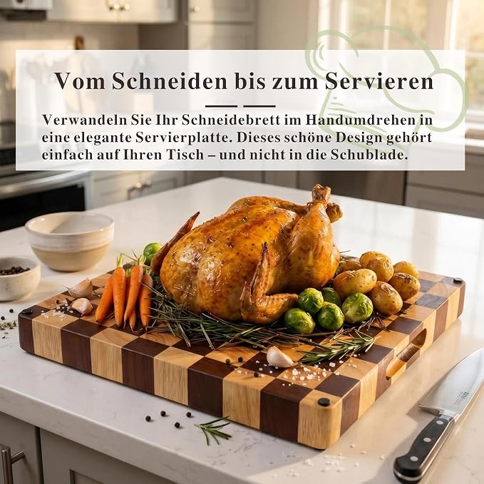 Checkered End Grain Butcher Block Cutting Board | 13" x 13" x 1.5" Thick | Acacia & Rubber Wood | Reversible | Heavy Duty Food Prep & Serving