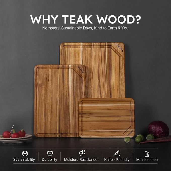 3 Pack Teak Wood Cutting Boards for Kitchen Wooden Chopping Board Non Toxic | Heavy Duty, Non Toxic, Serving, Hardwood, Over Sink, Thick Wooden Chopping Board, Large Big Small, Best Essential Gift, Fruit