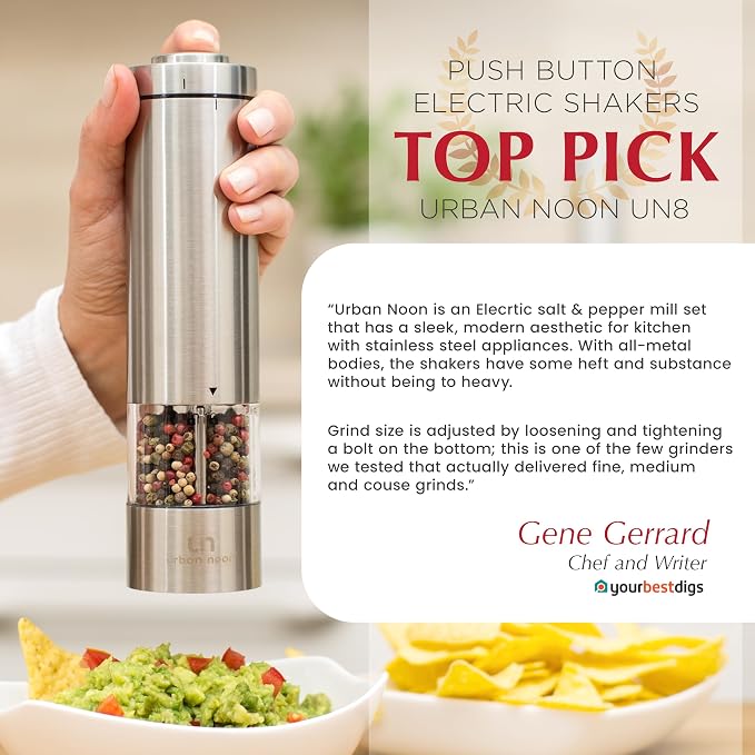 Urban Noon Electric Salt or Pepper Grinder (1 Mill, 8.1" Tall) - One-Handed Push-Button Mills with LED Light, Adjustable Ceramic Coarseness, Gift-Ready Box, 1-Year Warranty - Stainless Steel