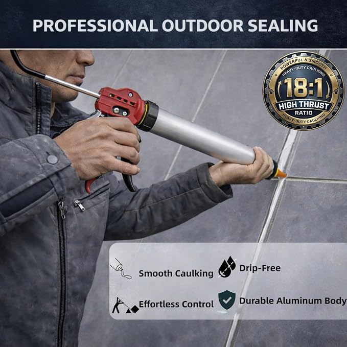 20 oz Sausage Caulk Gun, Heavy-Duty Crack-Proof Plunger & Steel Rod | 18:1 High-Thrust One-Touch Drip-Free Sealant Gun | Fits 20 oz Sausage & 10 oz Cartridges