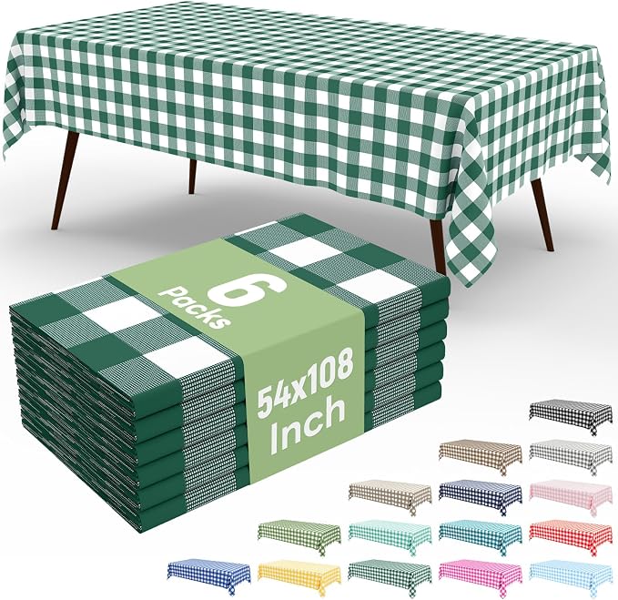 6 Packs Buffalo Disposable Table Cloth, 54 x 108 Inch Waterproof Plastic Tablecloth, Rectangle Hunter Green and White Checkered Table Covers for Picnic, Birthday, Party, Back to School