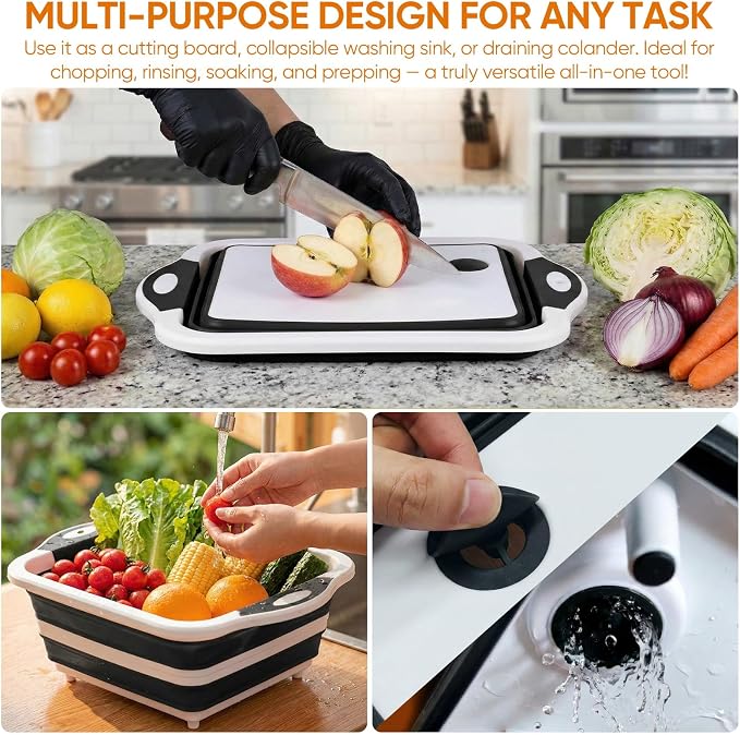 Collapsible BBQ Prep Tub with Lid, Foldable Camping Sink with Colander, Cutting Board, Dish Basin for Kitchen, Bowl, Vegetable and Fruit, Storage Basket for Picnic-Black