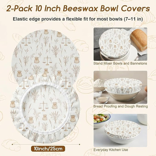 2Pcs Beige Reusable Beeswax Bowl Covers Bread Sourdough Bowl Covers for Proofing Rustic Wheat Reusable Elastic Bread Sourdough Cover Wrap Dough Proofing Food Storage Kitchen Baking Supplies