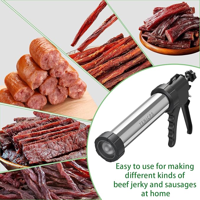 Professional Jerky Gun Kits, Sausage Maker, Stainless Steel Beef jerky gun for Ground Meat, Sausage Stuffer, Meat Gun with 5 Nozzles 5 Brushes 1 Meat Pusher & A Pair of Gloves, Kitchen Utensils Set