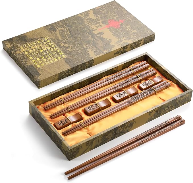 Reusable Chopsticks, Hand-Carved Phoenix Design Wooden Chopstick, Chinese Chopsticks Reusable Dishwasher Safe, Chop Sticks Gift Sets - 4 Pairs