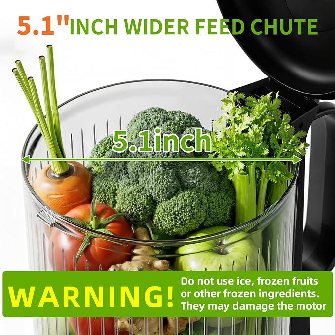 5ive Cold Press Juicer, 5.1 Inch Wide Chute Slow Masticating Extractor | 1.7 L Slow Juice Extractor for Whole Fruits Veggies, Easy Clean Electric Maker with Recipe Guide, Rate of 99% juice