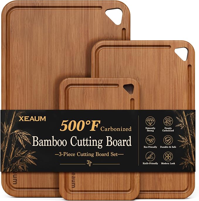 Bamboo Cutting Board for Kitchen, 3-Piece Wooden Cutting Board Set with Juice Grooves, Side Handles, Non-Slip Mats, Reversible Boards for Meat, Vegetables, Fruit, Kitchen Gift