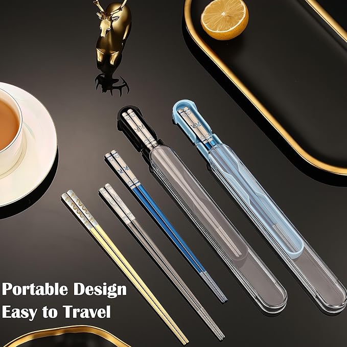 Stainless Steel Chopsticks with Case,2 Pairs Metal Blue Eagle Black Phoenix | Reusable,Portable,Come in a Set,Durable Case lightweight,Beginner friendly, Suitable for School,Home,Office,Bento Box