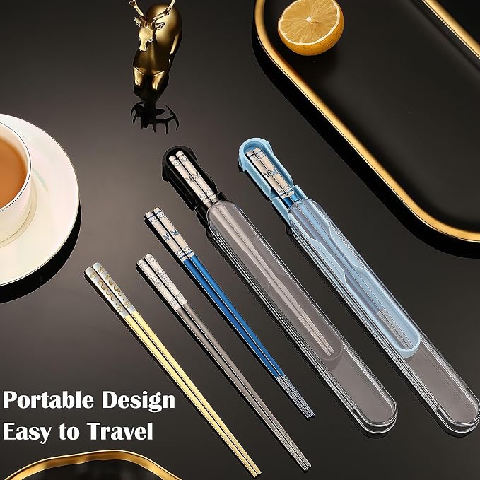 Portable Chopsticks, 2PC Black Eagle,18/8 Stainless Steel | Pull Design Case, Titanium Plated, Reusable, Dishwasher Safe