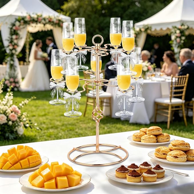 QPIX DIGITAL Wine Glass Rack 2 Tier 10 Holders Wine Glass Holder Stand, Elegant Rose Gold Cocktail Tree Stand Countertop Tabletop Stemware Rack for Home and Bar Storage,Easy Assembly