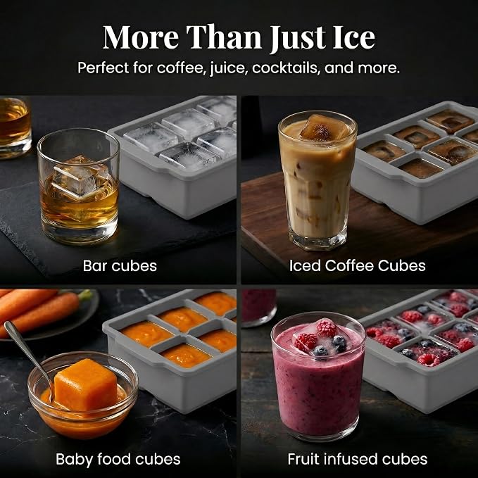 KitchFort® Large Silicone Ice Cube Tray (3-Pack), Easy Release 2" Big Ice Cubes - Cocktail, Whiskey Ice Cubes Mold - Ice Trays for Freezer with Lid - Stackable Silicone Ice Tray - Gray
