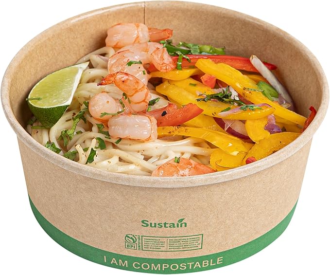 Restaurantware Paper Food Containers 200 Pack Of 25 oz Disposable Round Kraft Salad Bowls BPI-Certified Compostable Stackable Greaseproof Meal Prep Take Out Containers For Soups, Snacks And Desserts