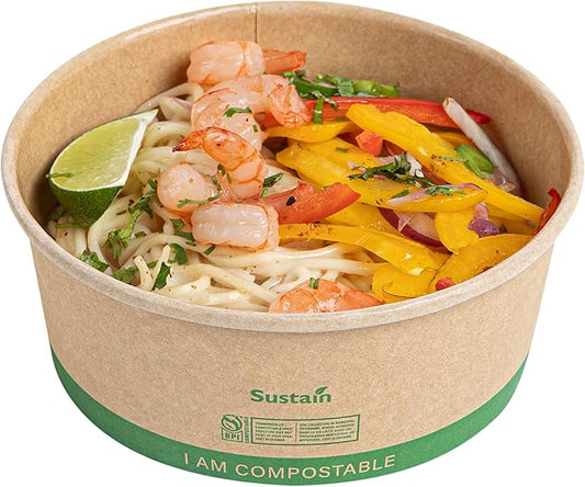 Restaurantware Paper Food Containers 200 Pack Of 25 oz Disposable Round Kraft Salad Bowls BPI-Certified Compostable Stackable Greaseproof Meal Prep Take Out Containers For Soups, Snacks And Desserts