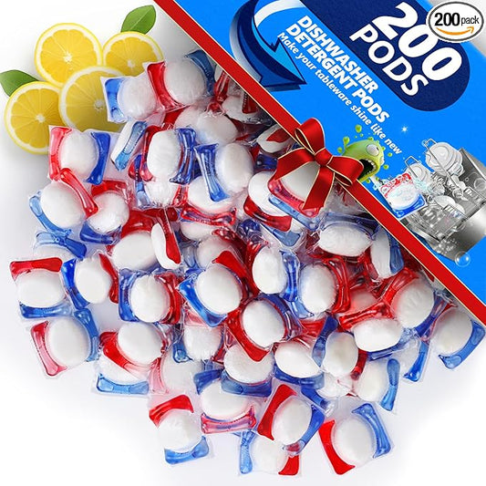 200 Count Dishwasher Pods, No Pre-Rinse Dishwasher Detergent Soap On Stain and Grease, Leaving a Virtually Spotless Shine,Dishwasher Detergent for Deep Cleaning