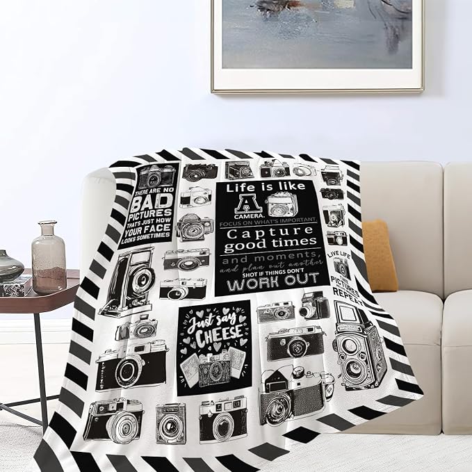 Yibuda Retro Camera Blanket Photography Flannel Plush Throw Blanket Cozy Black White Decor Fleece Stuff Blanket Gifts for Lover Girls Boys Kids Adults Women Bed Travel 60"x80"