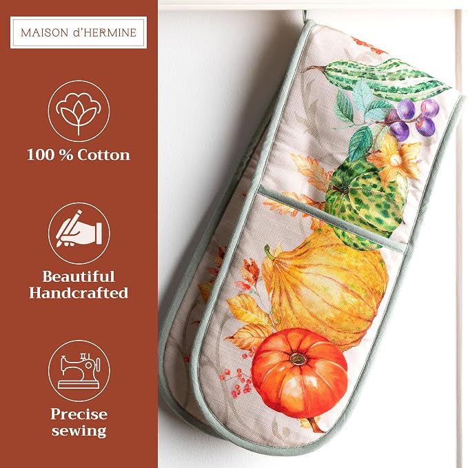 Maison d' Hermine Double Oven Mitts 100% Cotton Double Oven Glove (7"x35") | Heat Resistant BBQ Cooking Gloves with Loop Baking Kitchen Home Hotel Farmhouse Thanksgiving Christmas - Lumina