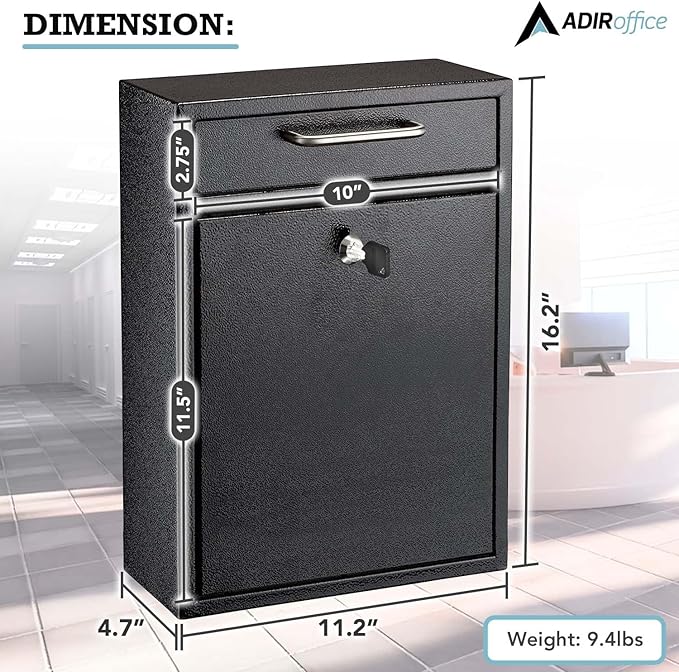 AdirOffice Wall Mount Mailbox - Mailbox with Lock and Keys- Durable Wall Mounted Locking Mailbox and Cash Drop Box for House, Apartments and Bussiness After Hours Deposits
