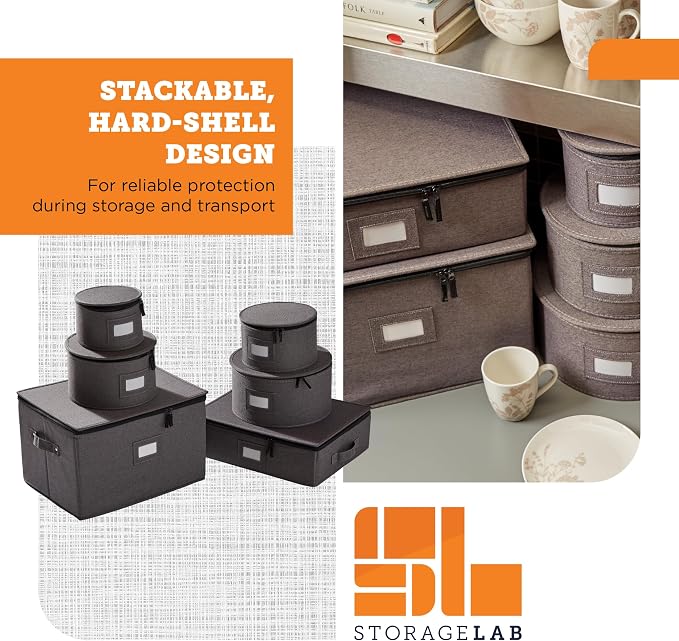 storageLAB 6-Piece China Storage Set | Plates, Mugs & Wine Glasses | Gray | Most complete set - plates, mugs & wine glasses for 12. Hard shell, felt-lined, stackable. Full china system in one.