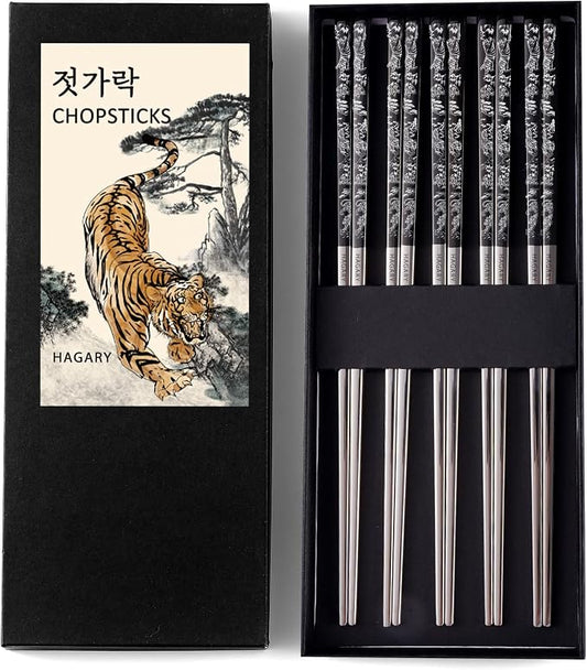 Hagary Tiger Chopsticks Metal Chopsticks Reusable Designed In Korea Japanese Style Stainless Steel 316 18/10 Non-Slip Dishwasher Safe Laser Etched (Black - 5 Pairs)