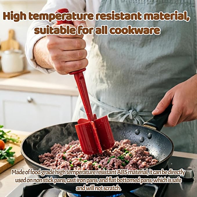 Meat Chopper, Hamburger Grinder, Premium Heat Resistant Masher for Ground Beef, Burger Grinder, Potato Masher, Nylon Potato Mix Tool, Safe, Non-Stick, Mix and Chop Kitchen Tool - Red