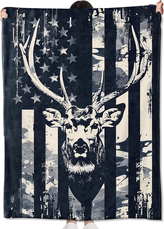 Camo Deer Head Blanket Gifts for Hunters Adult Women Men,American Flag Throw Blankets,Soft Comfy Lightweight for Room Couch Bed Sofa Modern Rustic Decor,Patriotic Lover 60x50in