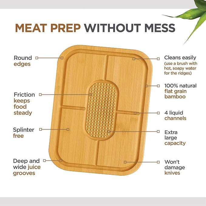 Meat Cutting Board - Extra Large Bamboo Carving Board, 18 x 13 Thick Butcher Block with Deep Juice Groove, Non Slip Center, Reversible Board for Steak, Brisket, Turkey, BBQ Prep Grilling Gifts for Men