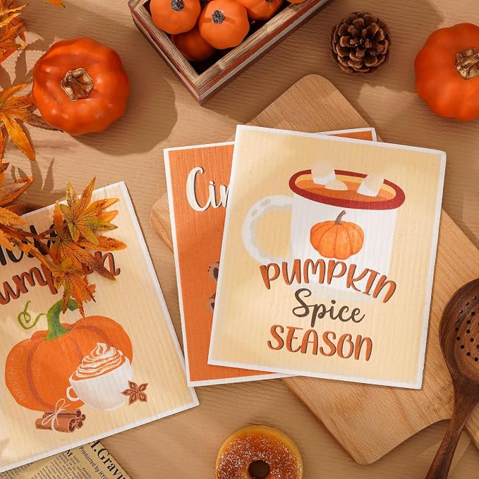 Whaline 6 Pcs Fall Thanksgiving Swedish Dishcloths Pumpkin Maple Leaf Sweater Word Dish Towels Reusable Washable Cotton Kitchen Towels for Autumn Baking Cooking Home Kitchen Decor, 6.7 x 7.7 Inch