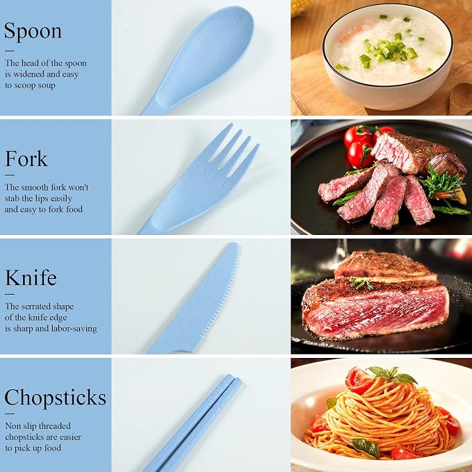 DISSKNIC Green Travel Utensils with Case, Reusable Utensil Sets for Lunch Box, Chopsticks Reusable Plastic Utensils Lunch Box Accessories for Adults,Portable Utensils Set with Case,Camping Accessories
