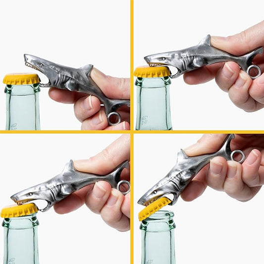 Great White Shark Bottle Opener - Heavy Duty Beer & Soda Cap Opener - Unique Ocean Theme Bar Tool - Fun Beach House Kitchen Gadget Gift (Antique Silver)