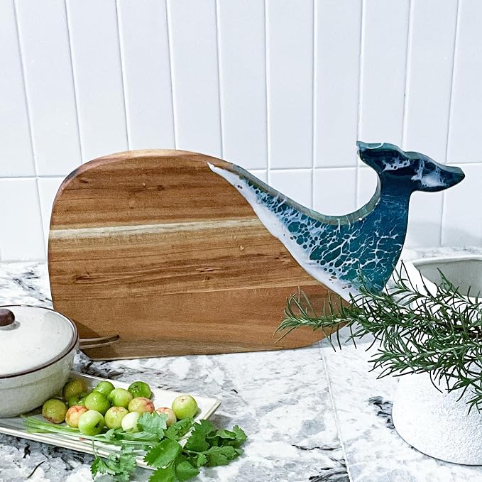 Whale Serving Board - Acacia Wood with Ocean-Inspired Epoxy (15" x 7.9"), Cute Charcuterie Cheese Tray, Unique Kitchen Décor, Cutting Board Gift for Women, Home or Party Use