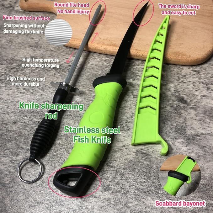 Fishing Knife Set, Fish Cleaning Kit, Filet Knife for Fish, Fish Scale Cleaning Brush, Multi-Functional Scissors, Gloves, Fishbone Tweezers, Storage Bag,Fishing Accessories,Fishing Tool Kit