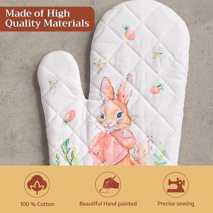 Maison d'Hermine Oven Gloves 100% Cotton Oven Mitt (7" x 13", Pack of 1) | With Loop Heat Resistant BBQ Cooking Gloves Baking Grilling Kitchen Handling Hot Pans Spring Summer - Bunny Party