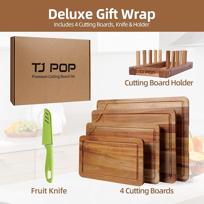Labeled Cutting Board Set of 4, Wood Chopping Boards with Food Icons | Charcuterie Board Serving Tray with Juice Groove & Handles, Ideal for Meat, Vegetables, Fruits, Cheese