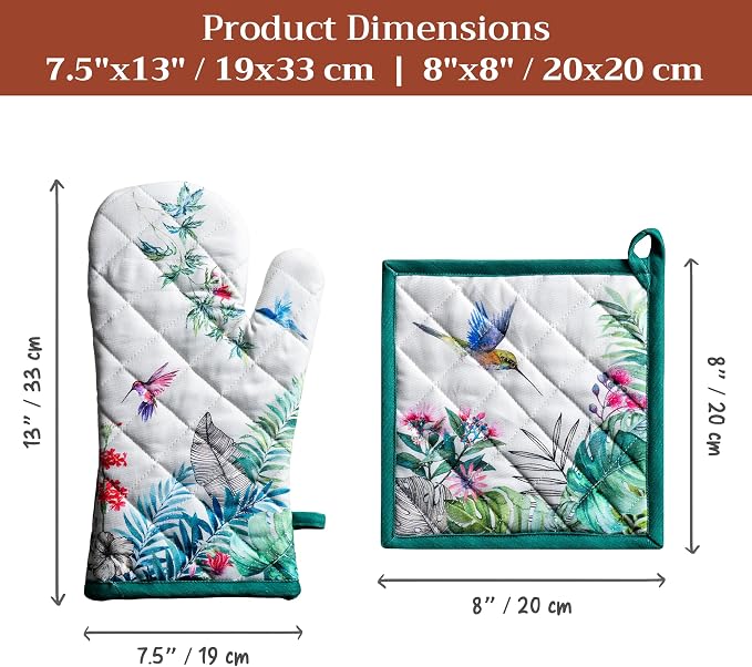Maison d' Hermine 100% Cotton Oven Mitt & Pot Holder Set (7.5"x13" & 8"x8") | Heat Resistant BBQ Cooking Gloves with Loop Baking Grilling Kitchen Hotel Home Farmhouse Spring Summer - Tropiques