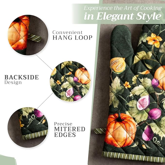 Maison d'Hermine Oven Gloves 100% Cotton Oven Mitt (7" x 13", Pack of 1) | With Loop Heat Resistant BBQ Cooking Gloves Kitchen Handling Hot Pans Thanksgiving Christmas - Pumpkin Garden - Dark Green