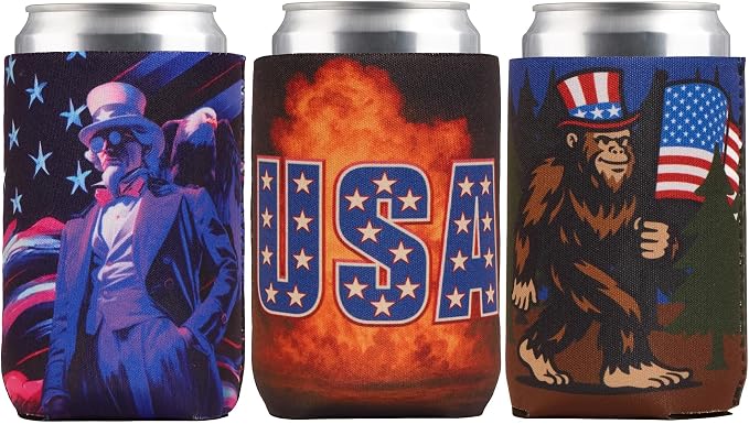 USA Can Cooler - American Freedom Chill Drink Sleeve 3 Pack - Reusable Beer & Soda Insulators - Insulated Cup Holders - Tailgates BBQs Patriotic Gift