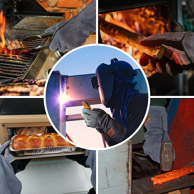 WZQH 14 In,932℉,Welding Gloves,Fireplace Glove,Fire & Heat Resistant,S | Mitt for BBQ,Oven,Grill,Tig,Mig,Baking,Furnace,Stove,Pot Holder,Animal Handling Glove, Forge,etc.Leather,Small,Black-gray