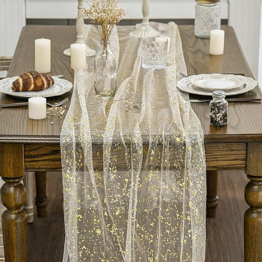 Artoid Mode 6Pcs Beige Gold Gauze Table Runner 120 Inch 10FT, Glitter Metallic Foil Sheer Dining Wedding Anniversary Holiday Birthday Table Decor for Home Party