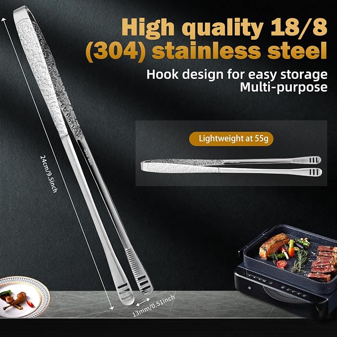 4Pcs 9.5-Inch Stainless Steel Korean BBQ Grill Tongs | Japanese Barbecue Tongs for Cooking, Portable Kitchenware for Home, Outdoor, Steak, Salad, Food