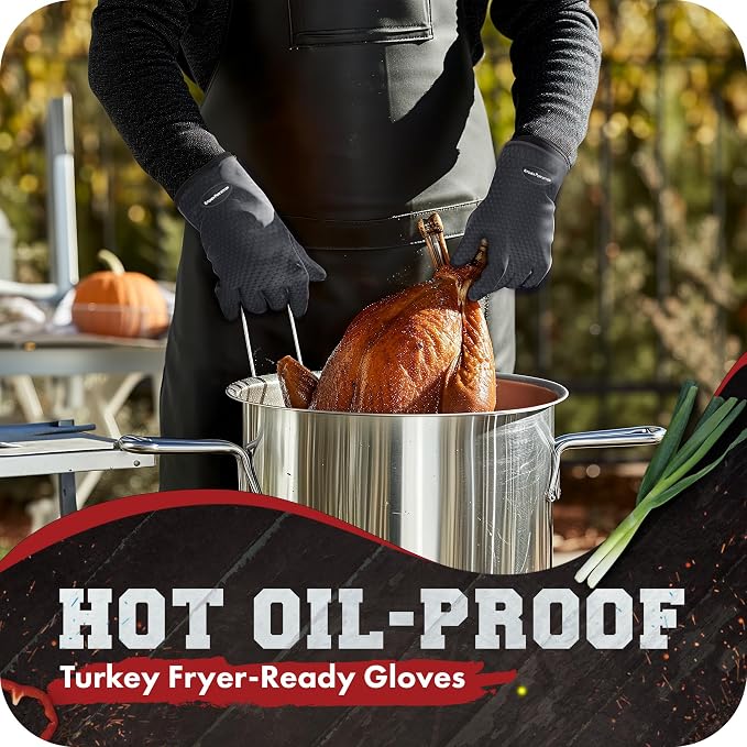 KITCHEN PERFECTION XL Silicone Smoker BBQ Gloves -Heat Resistant Oven Mitts | Waterproof, 5-Finger Design For A Better Grip, for Pitmasters, Meat Smoking, Grilling, Cooking, Frying Turkey | Grill Gift