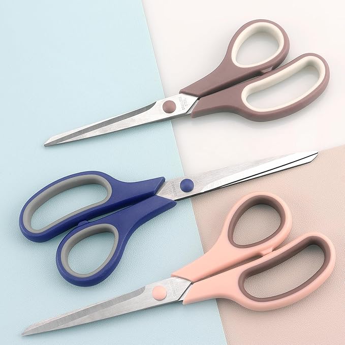 LONGKEY 8.5" Pastel Scissors 3-Pack, Ultra Sharp Stainless Steel | Scissors for Office Home School, Soft Comfort-Grip Right/Left Hand
