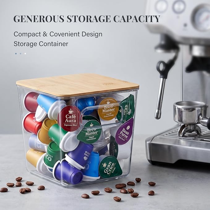 Qilinba 3 PACK Coffee Pod Holder K Cup Organizer Large Capacity Clear Storage Container Bins with Bamboo Lids for Coffee Bar Organization and Storage