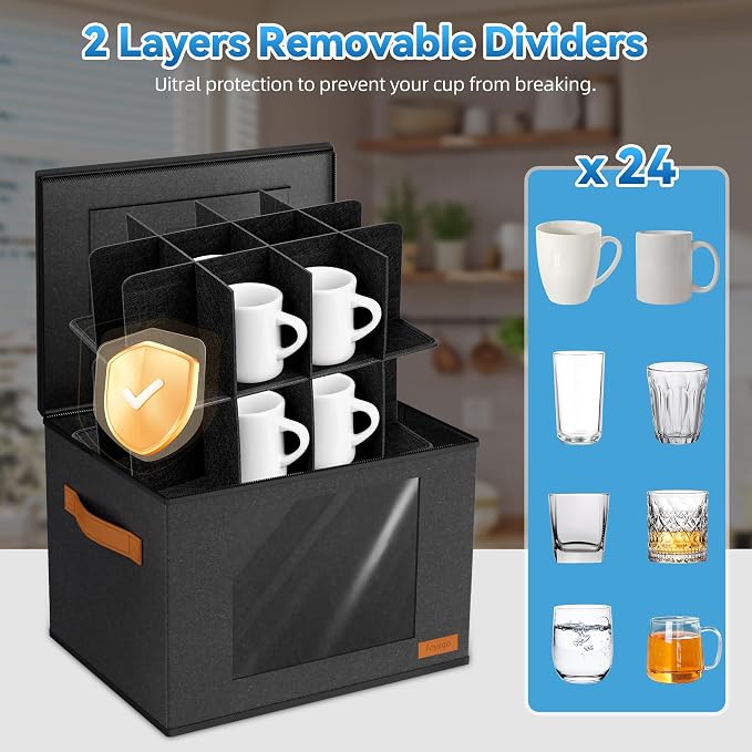 Foyego 2-Layer Coffee Mug Storage Box with Dividers, Cup and Mug Storage Organizer with Zipper Lid and Handles, Stackable Cup Organizer for 24 Coffee Mugs, Cups and Glasses, Dark Grey