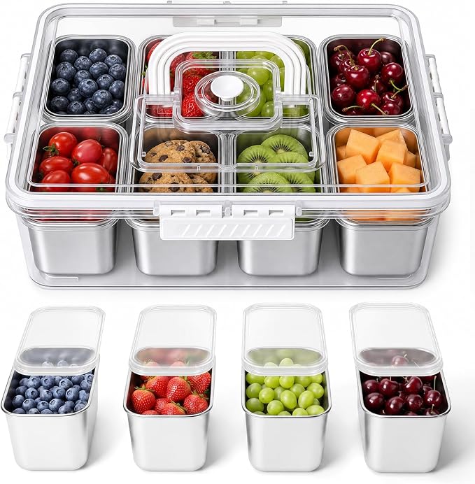 Homelove Snackle Box Container, Snack Container Divided Serving Tray with 8-Compartment Snack Platter, Lid and Handle, Food Organizer for Outdoor Travel Party Beach Picnic
