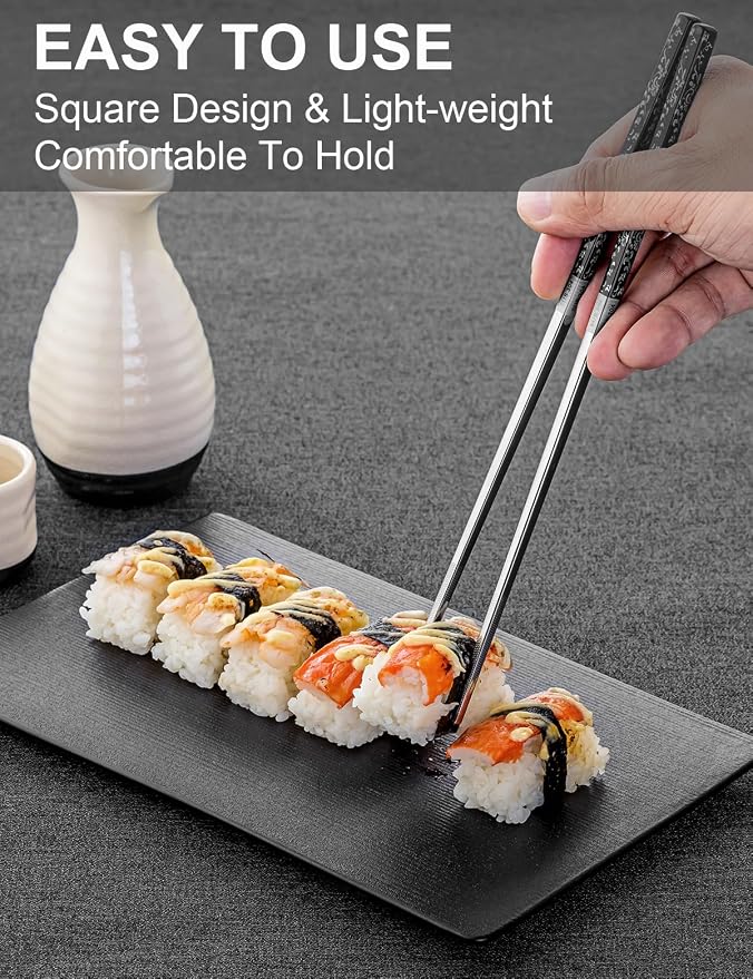 FOFAYU Metal Reusable Chopsticks 2 Pairs Titanium Plated Stainless Steel Chopsticks with Holder, Dishwasher Safe Non-Slip Japanese Style Chop Sticks Present Set (Black Silver)